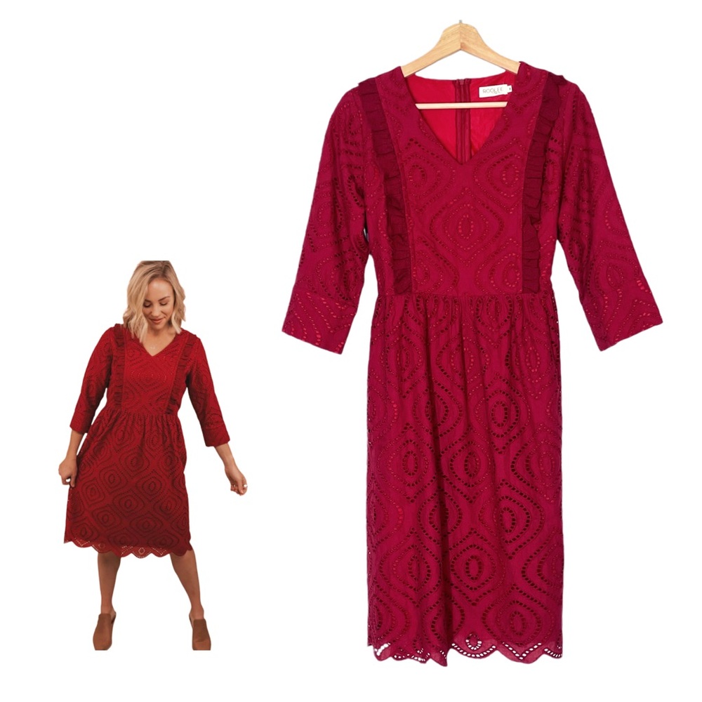 Roolee Mom Women’s Eyelet Lace V-Neck Dress in Burgundy Medium